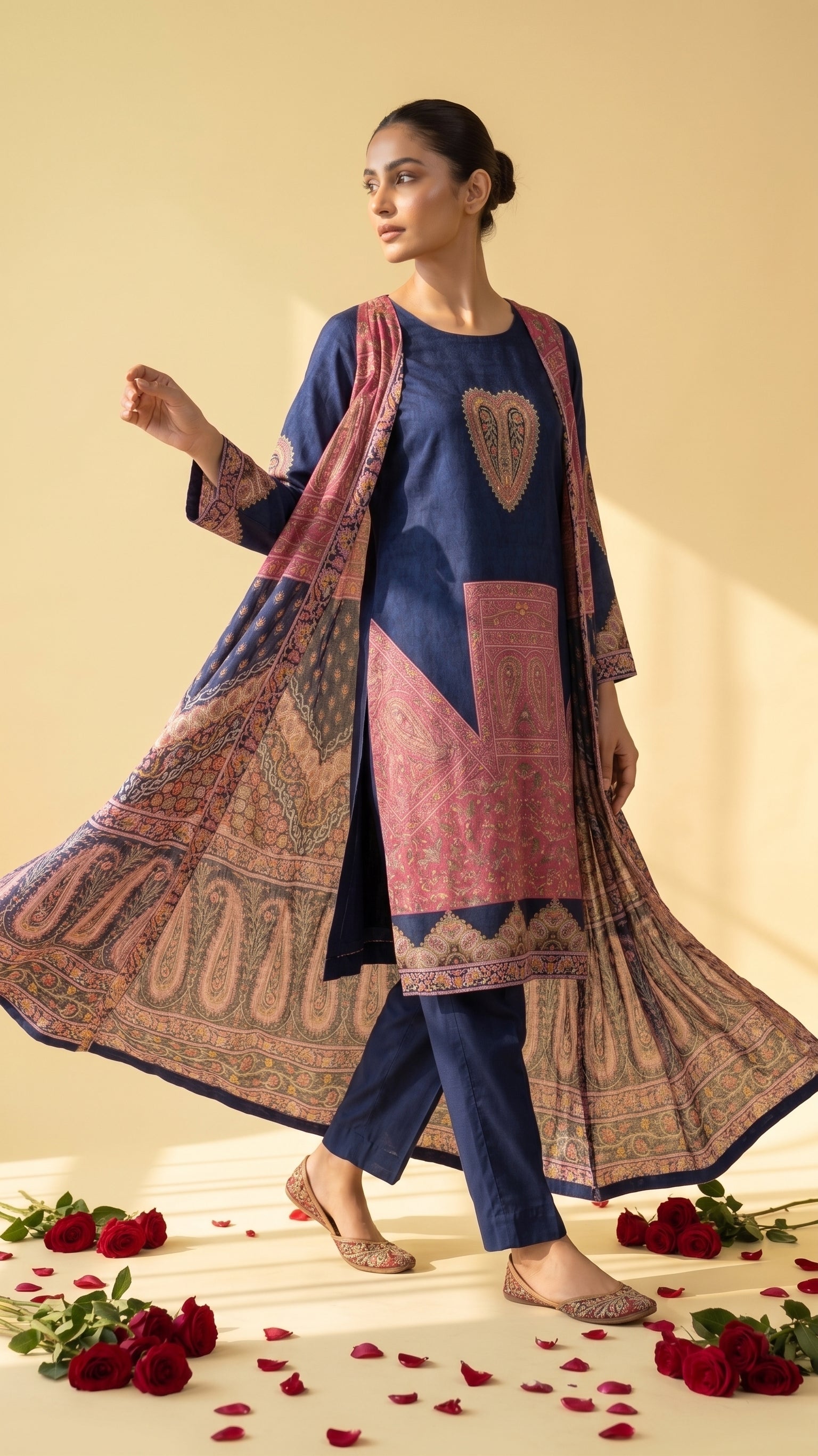Navy Blue Crepe Printed Jacket Suit with Kurta & Pants