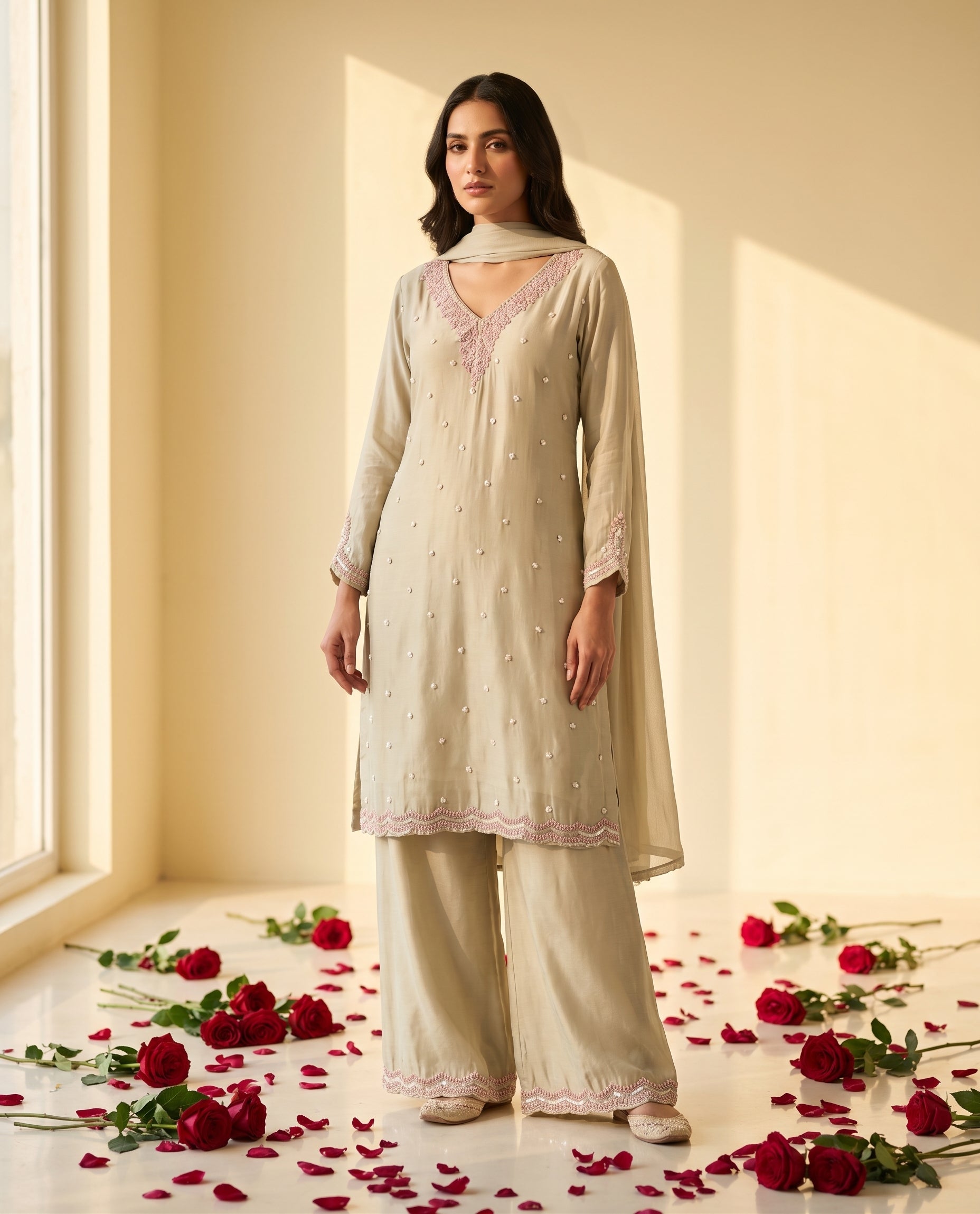Ivory Beige Mint  Chinnon Handwork Palazzo Suit with Dupatta