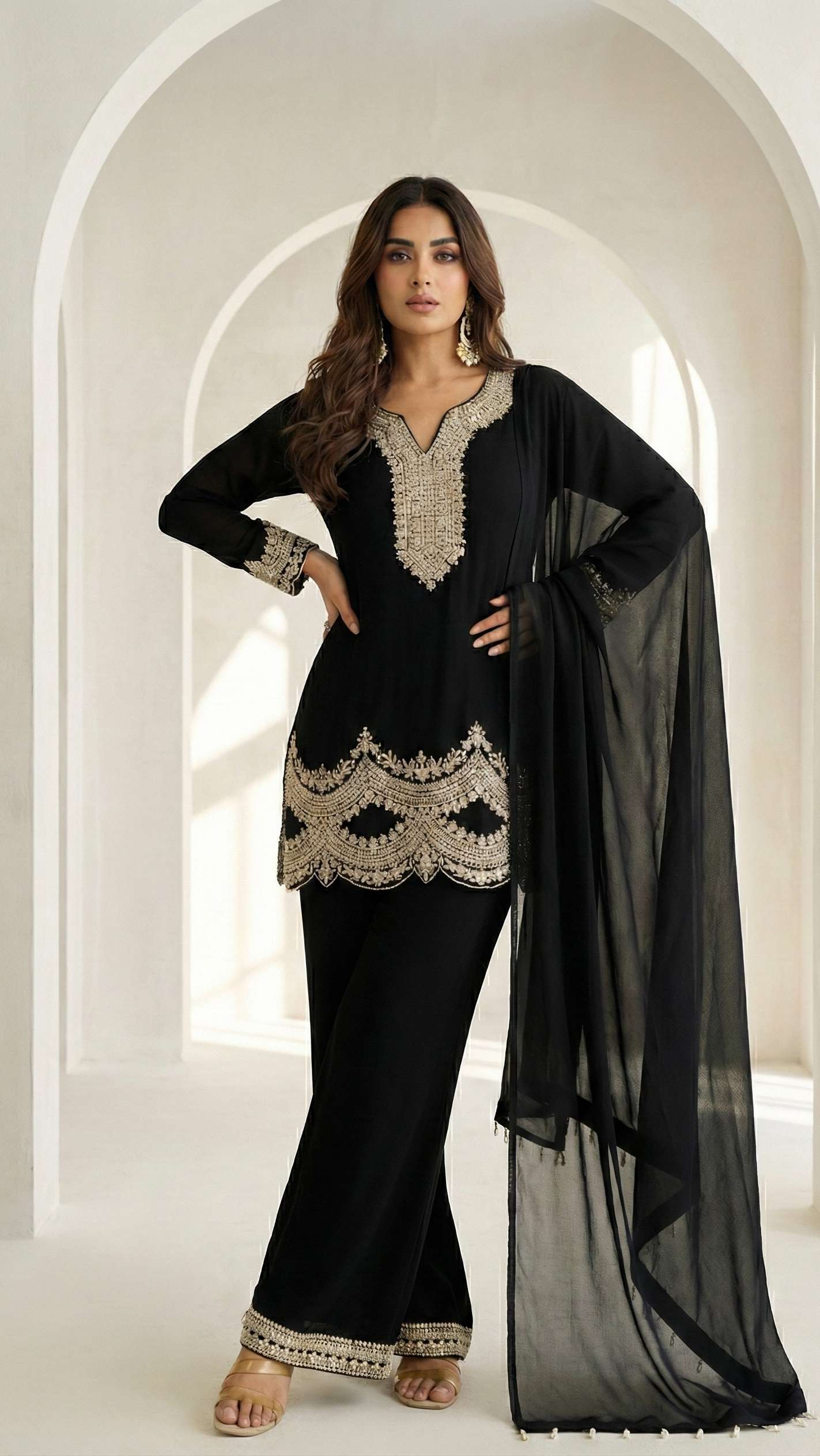 Black Premium Georgette Suit Set with Heavy Beads Embroidery & Chinon Silk Palazzo