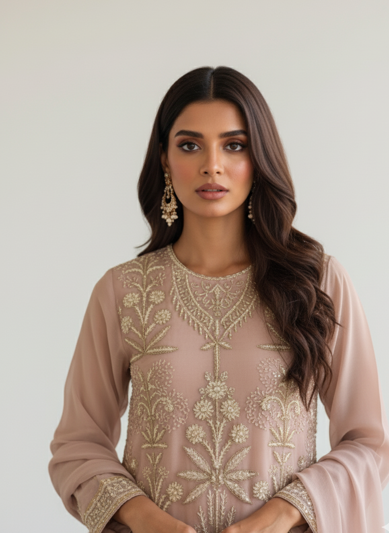 Blush Pink Premium Georgette Embroidered Top Palazzo Set with Dupatta