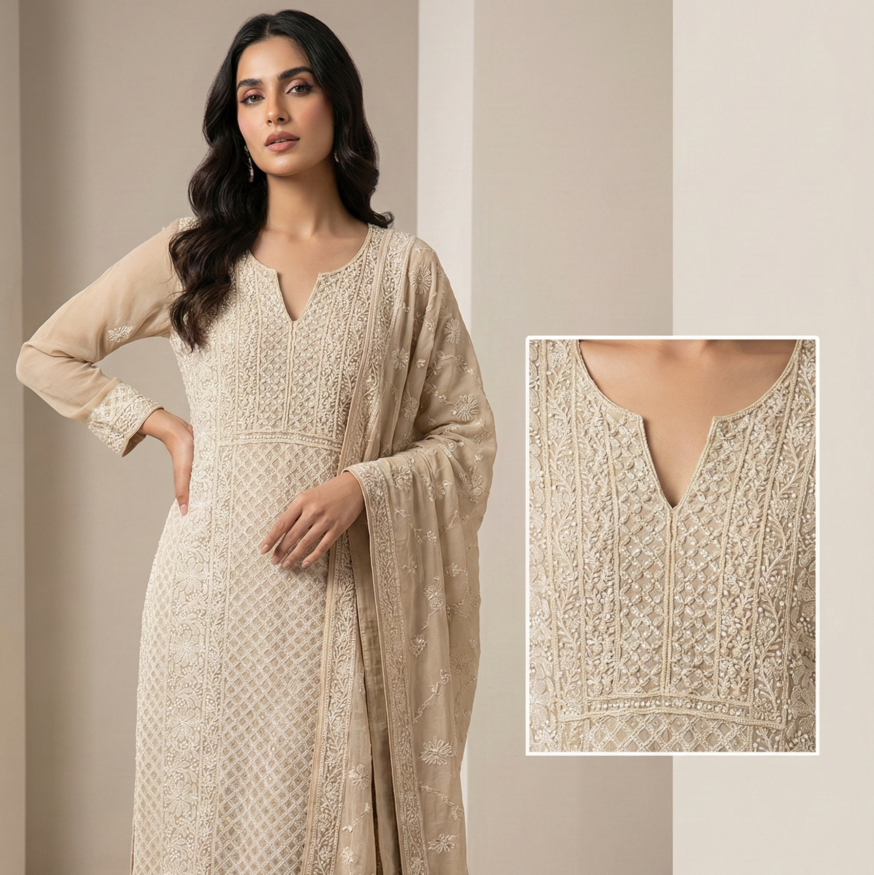 Ivory Pure Georgette Handwork Straight Suit Set with Dupatta & Pants | Premium Festive Wear