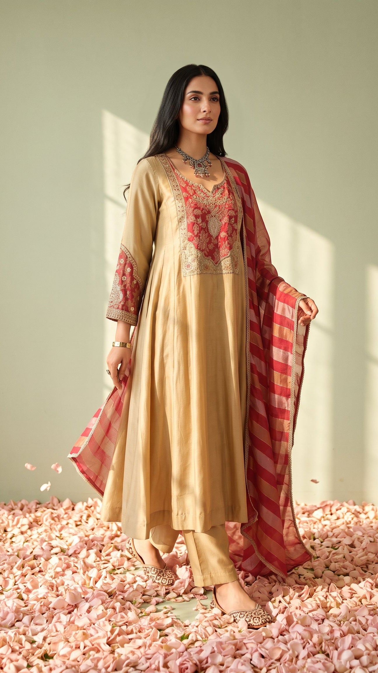 Royal Zariya Beige & Maroon Viscose Kanjivaram Embroidered Kurta Pant Dupatta Set