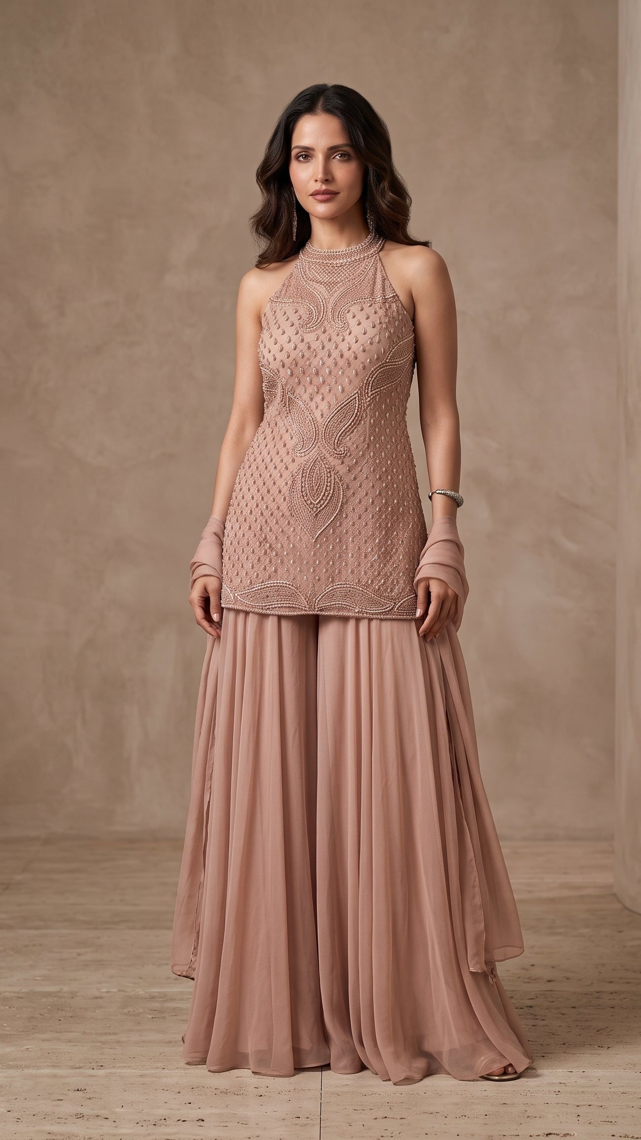 Dusty Peach Georgette Hand Beaded Short Kurti Sharara Set with Choker Dupatta