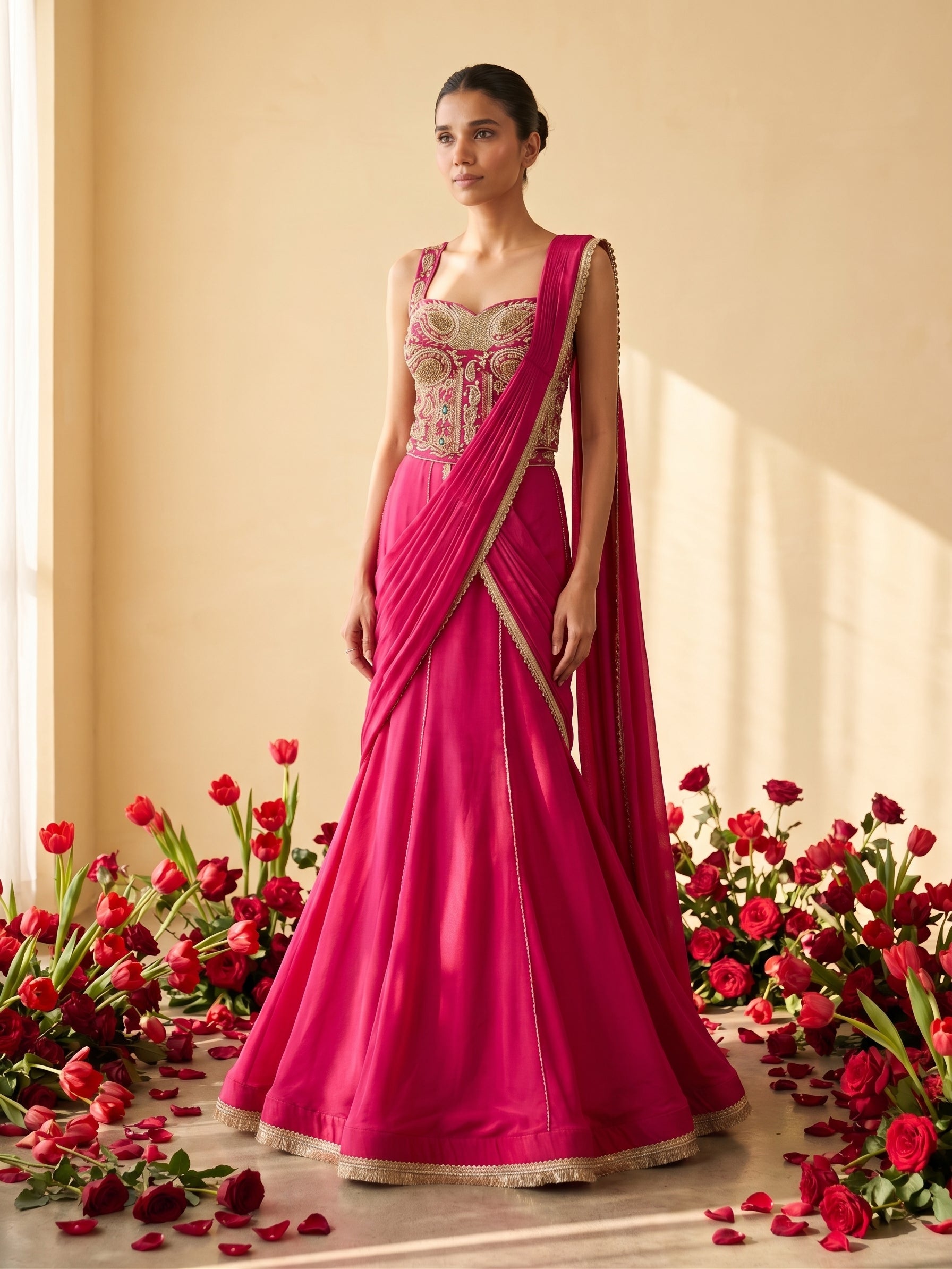 Fuchsia Pink & Turquoise Chinnon Drape Saree with Handwork Corset Blouse