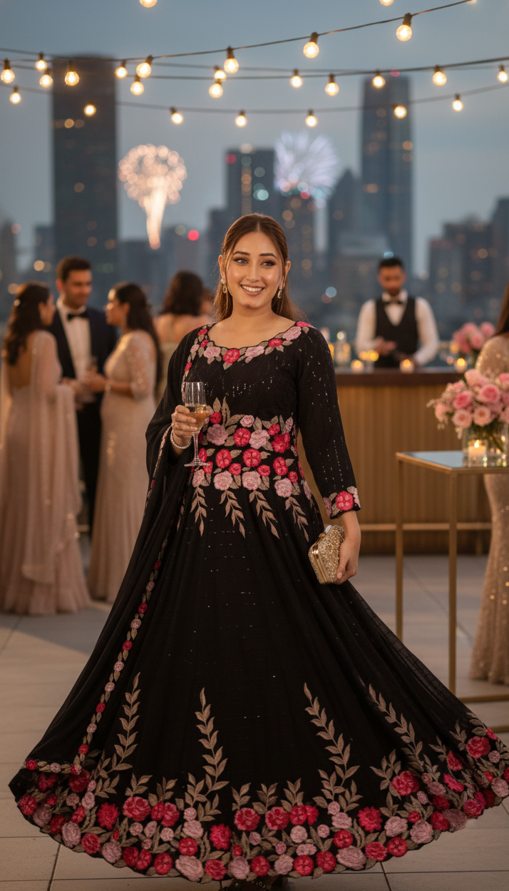 Black Floral Embroidered Anarkali Gown with Sheer Dupatta