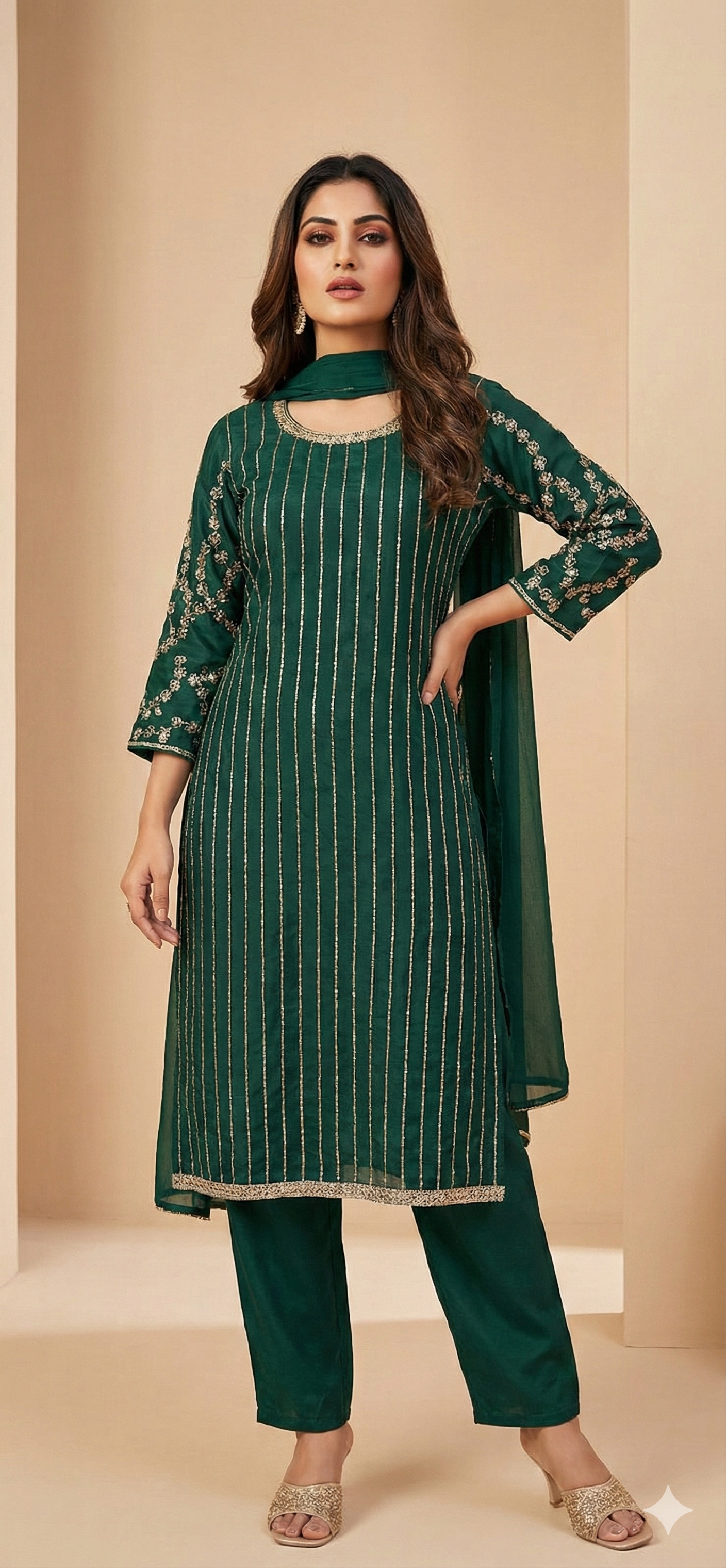 Bottle Green Shimmer Kurta Set with Viscose Bottom and Dupatta