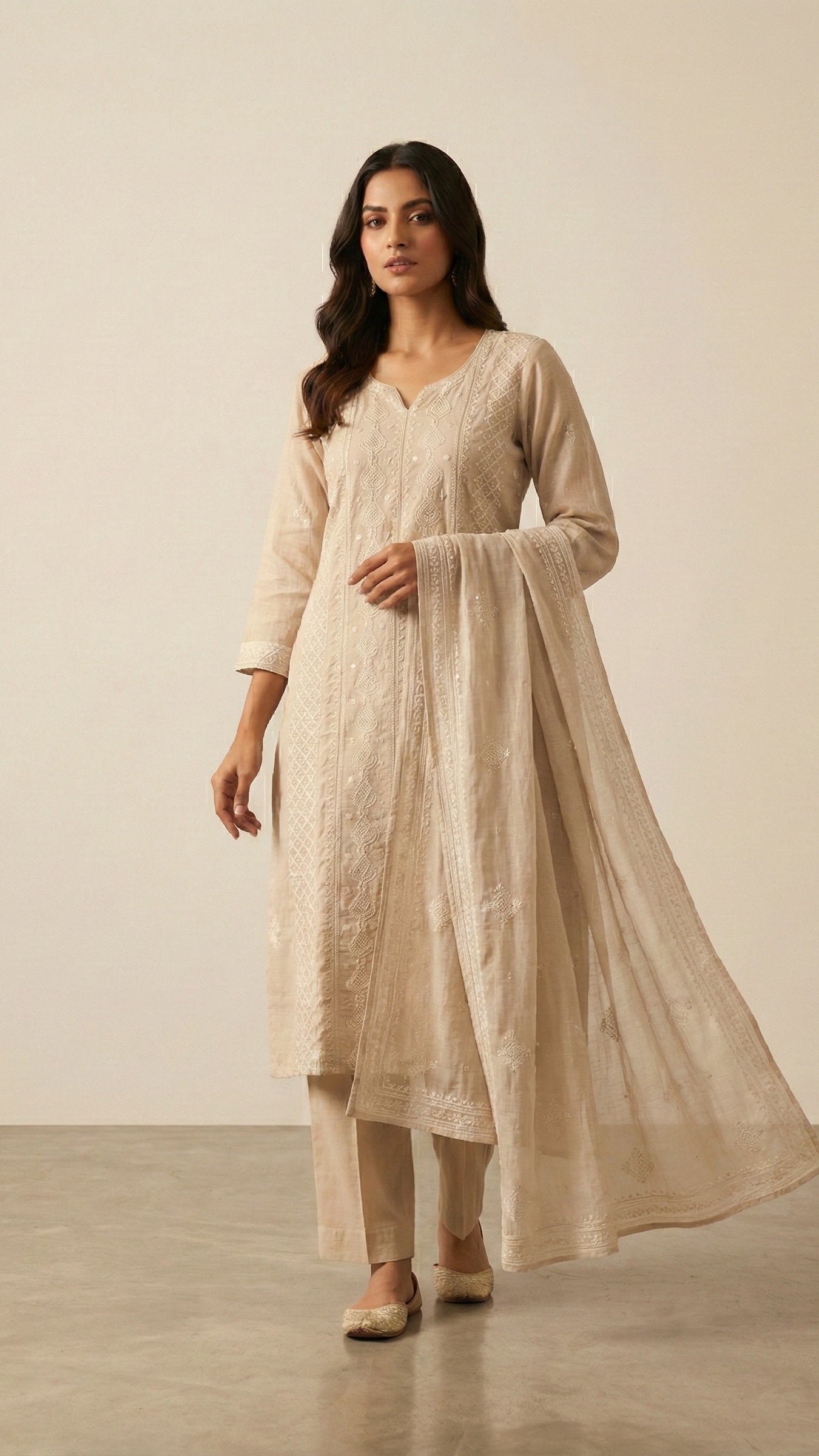 Beige Pure Mulchanderi Handwork Straight Suit Set with Dupatta & Pants