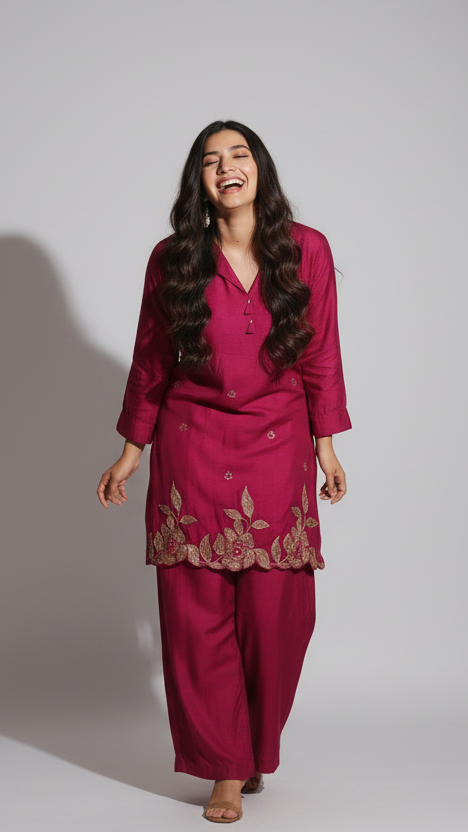 Magenta Silk Handwork Kurta Set with Matching Bottom