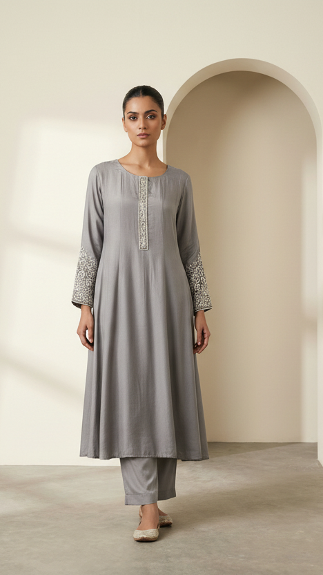 Smoke Grey Chinnon Anarkali Suit Set with Handwork | Dupatta & Pants