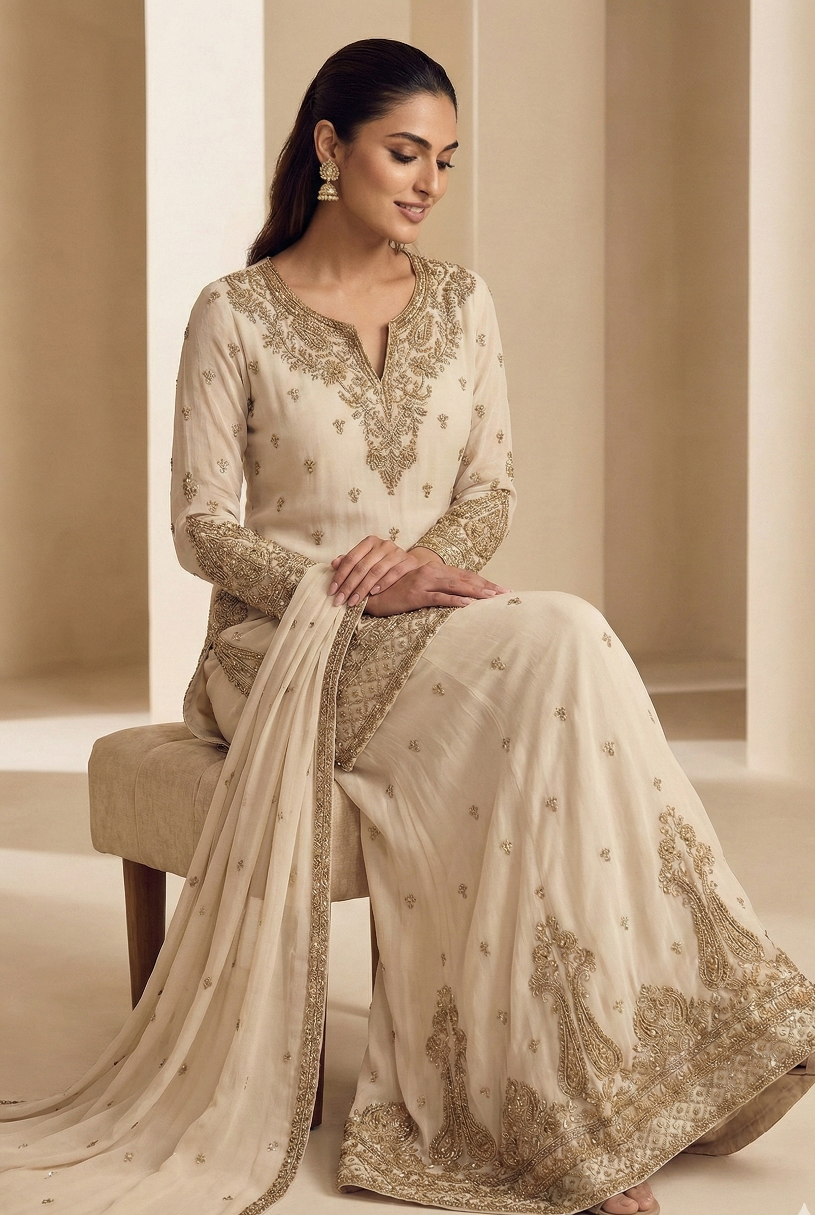 Teal Green and Ivory Indo-Western Chinnon Silk Embroidered Kurta Set with Dupatta