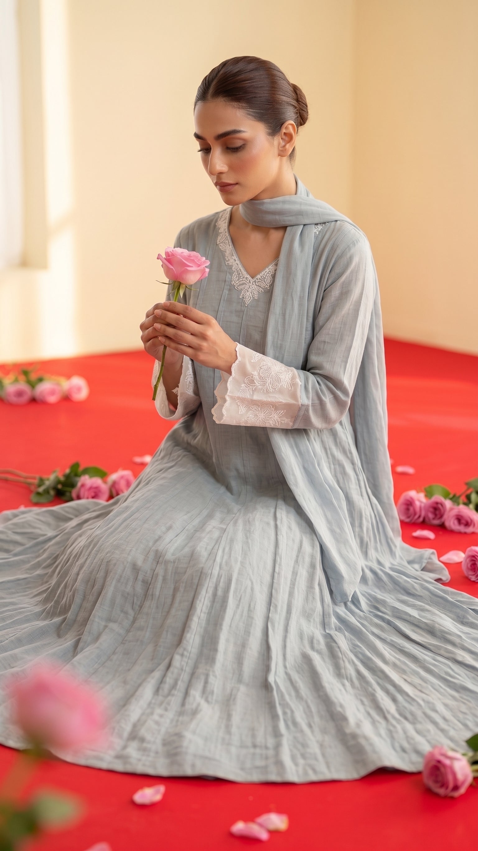 Powder Blue Mul Chanderi Anarkali Suit with Embroidered Cuffs & Dupatta