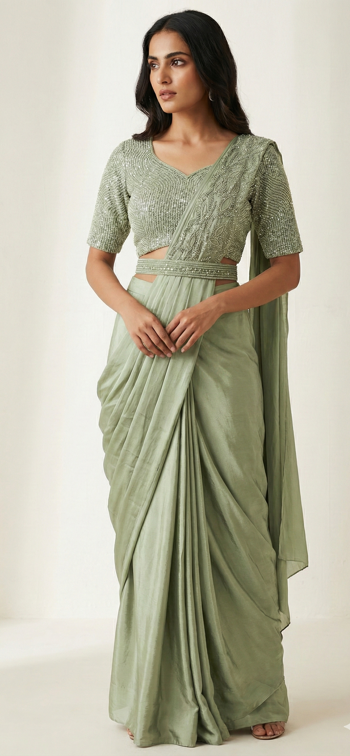 Elegant Chinon Silk Ready-to-Wear Saree with Embroidered Blouse