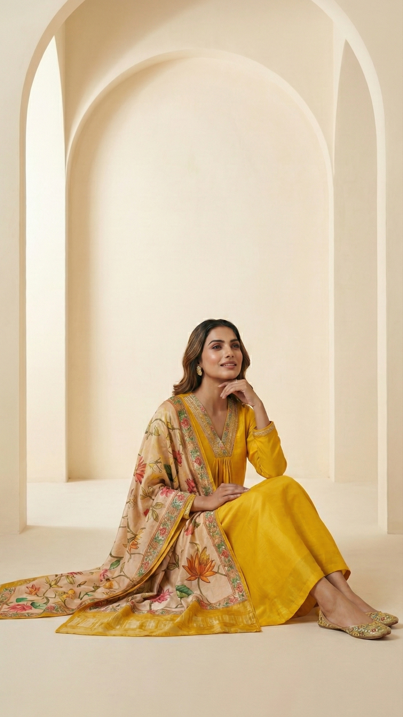 Sunlit Mustard A-Line Gaji Silk Indo-Western Set with Printed Dupatta