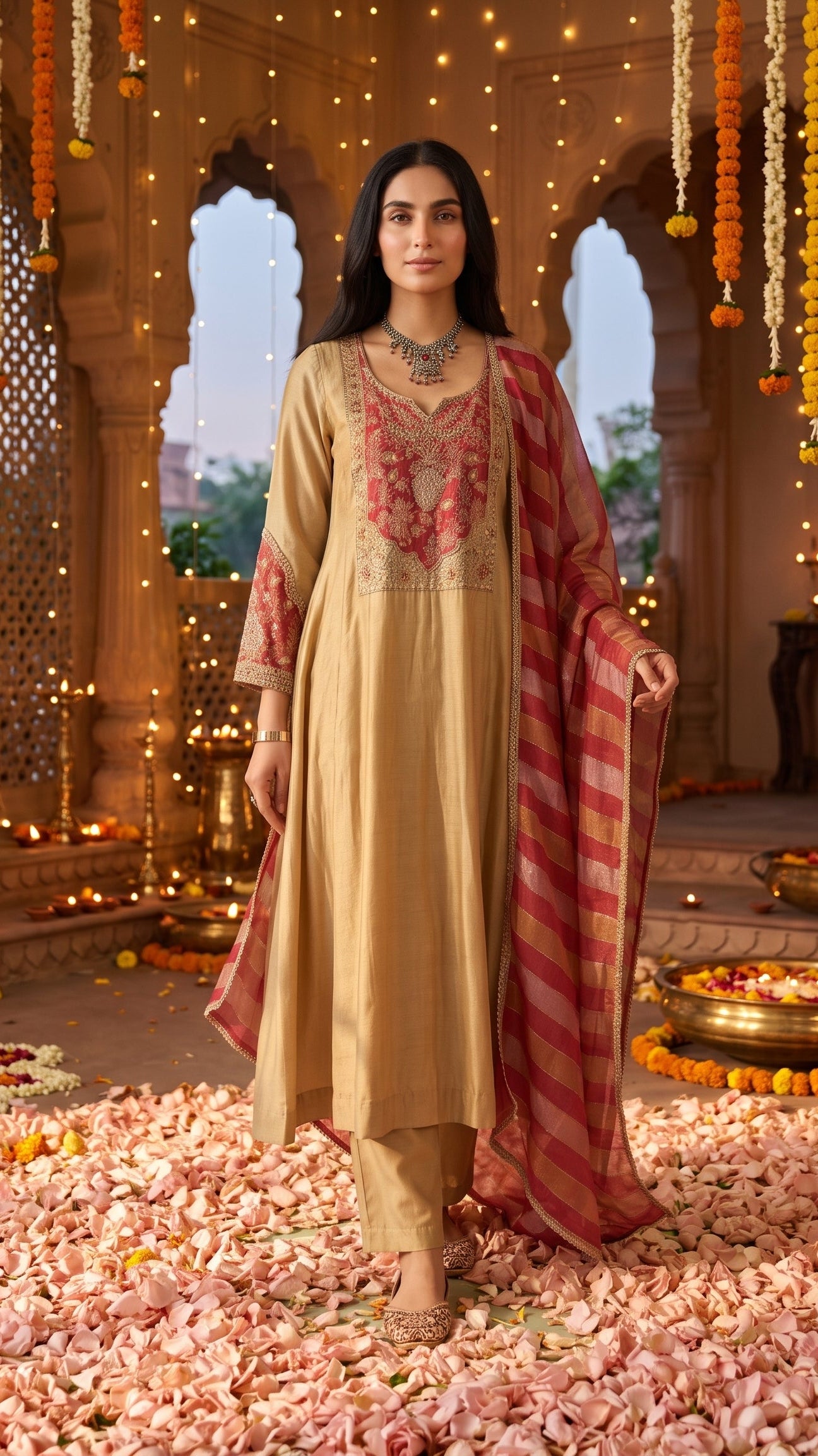 Royal Zariya Beige & Maroon Viscose Kanjivaram Embroidered Kurta Pant Dupatta Set