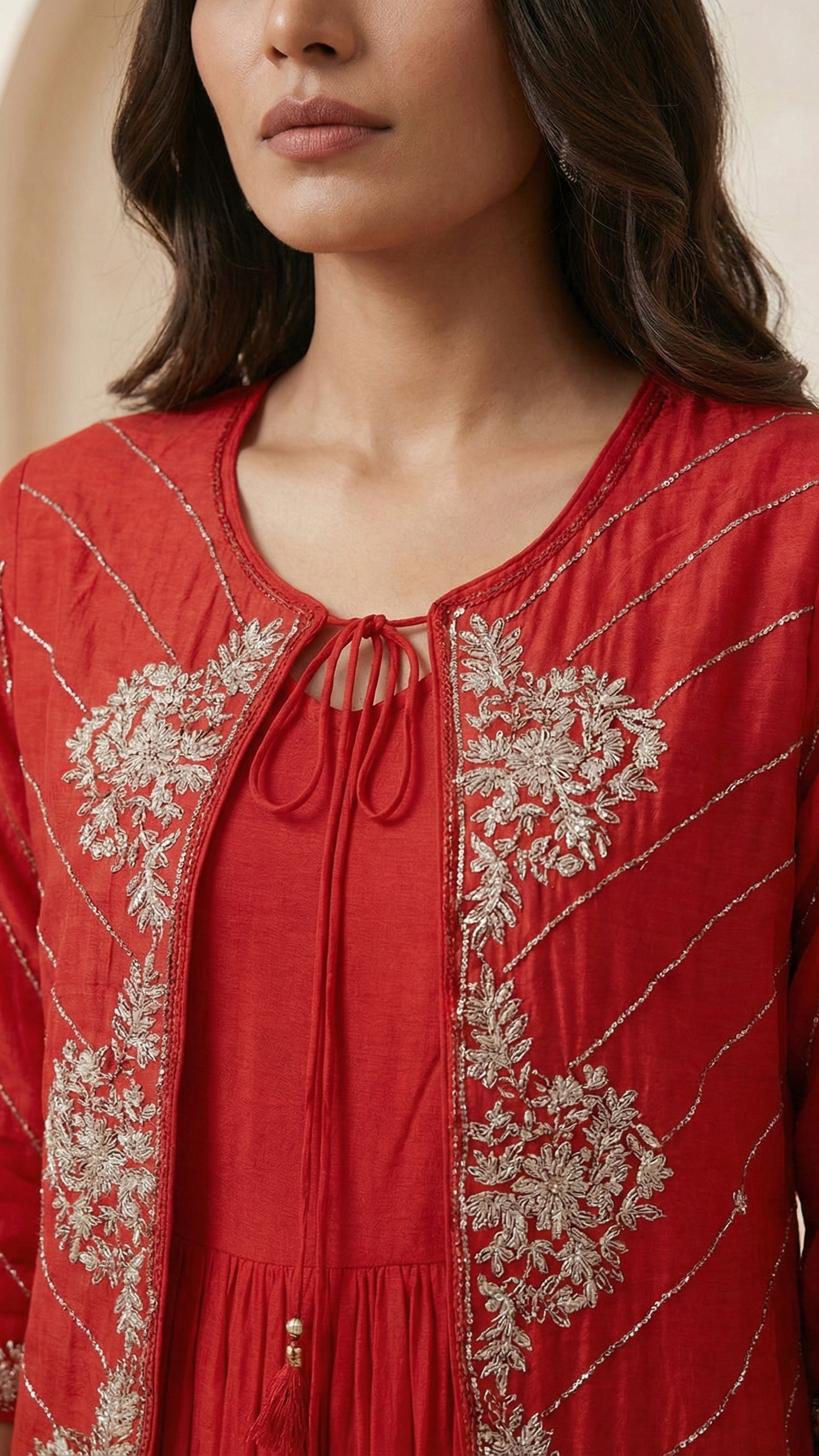 Crimson Red Georgette Tiered Indo-Western Gown with Embroidered Jacket