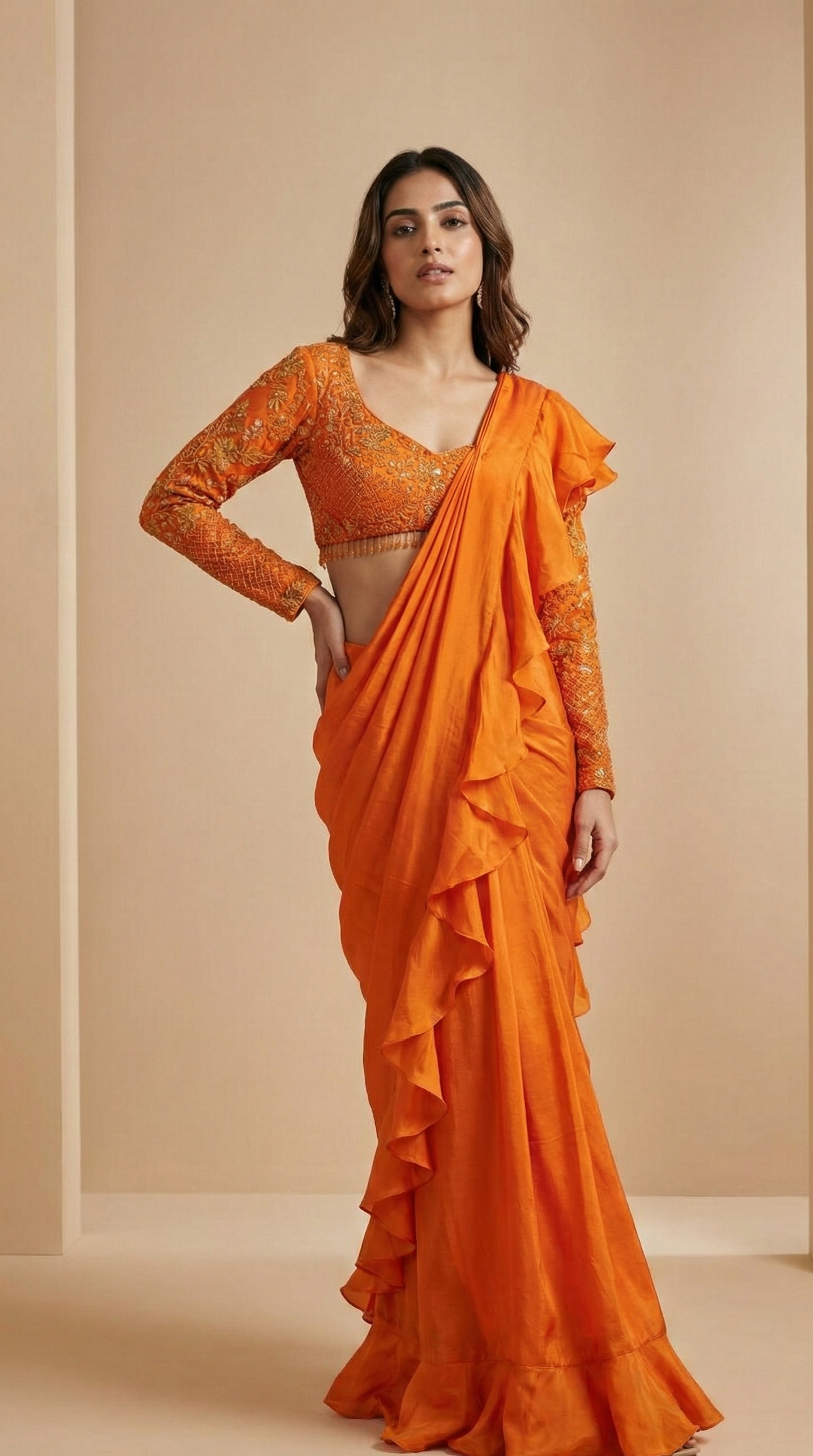 Orange Chinnon Ruffle Saree with Designer Embroidered Blouse