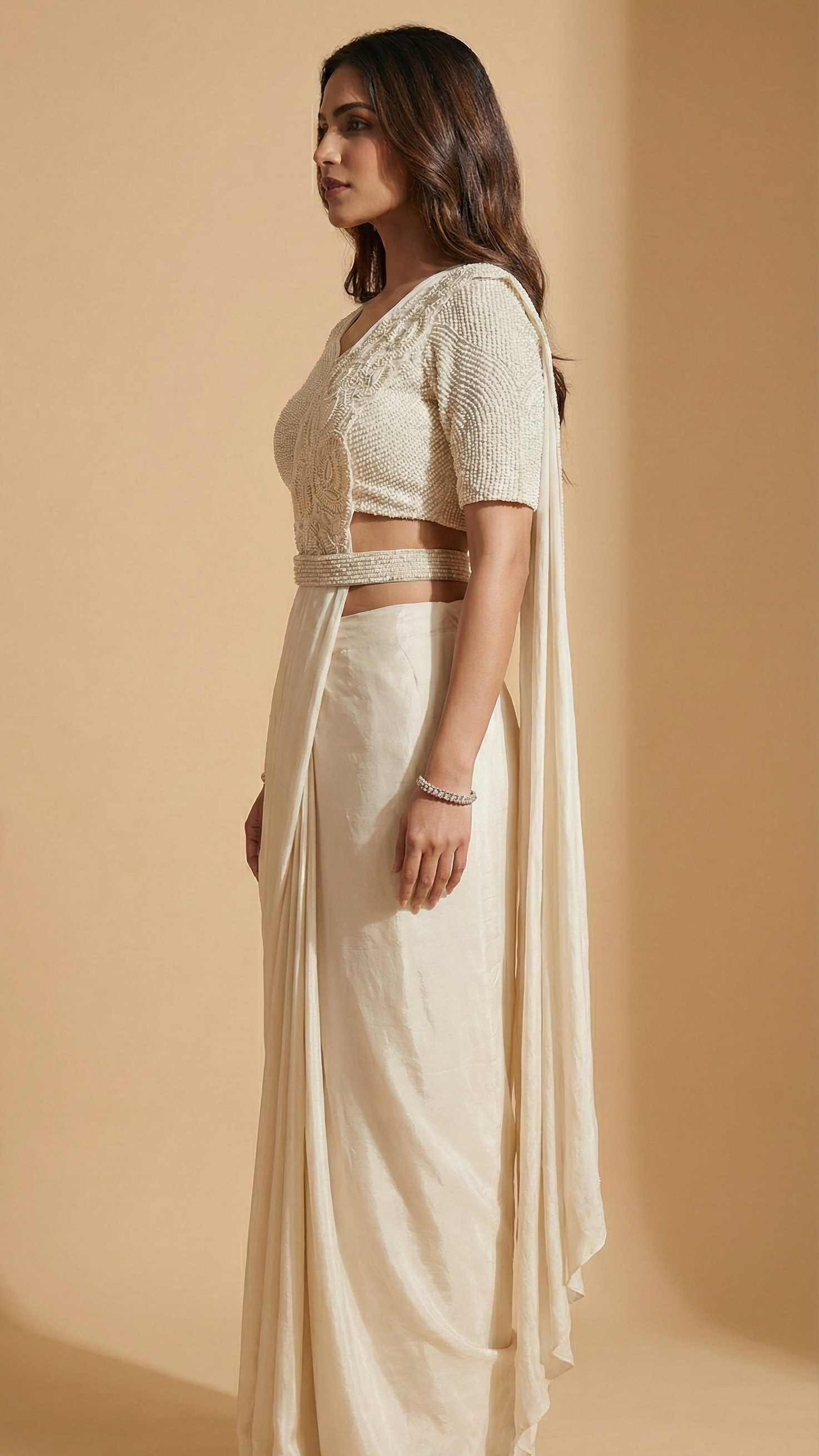 Elegant Chinon Silk Ready-to-Wear Saree with Embroidered Blouse