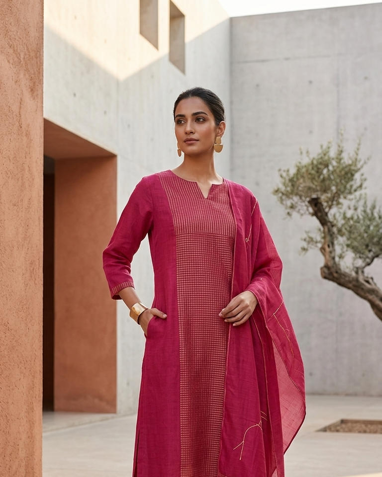 Rani Pink Embroidered Straight Kurta Pant Set with Dupatta