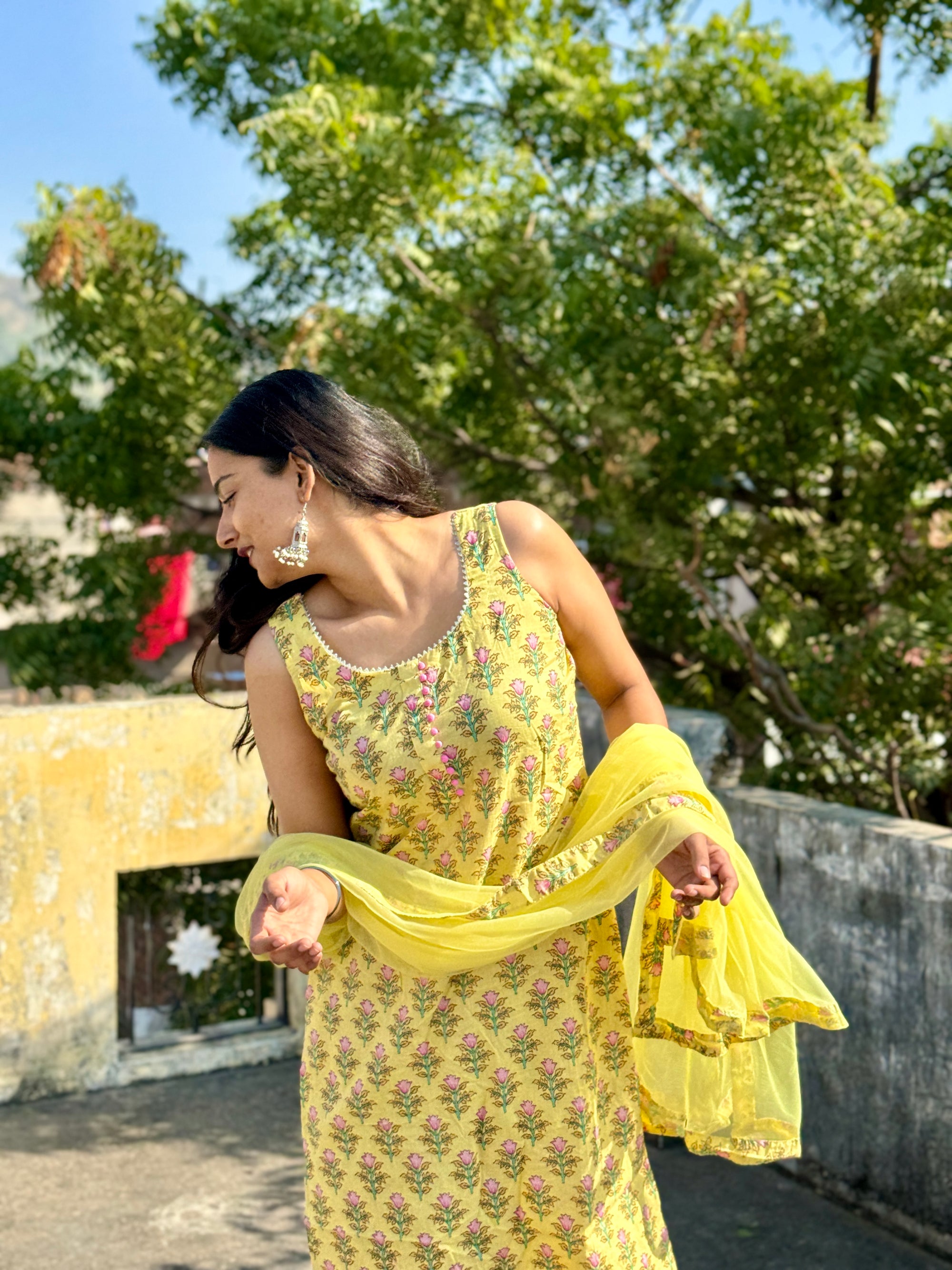 Handcrafted Yellow Cotton Suit Set sleevless with Net Dupatta