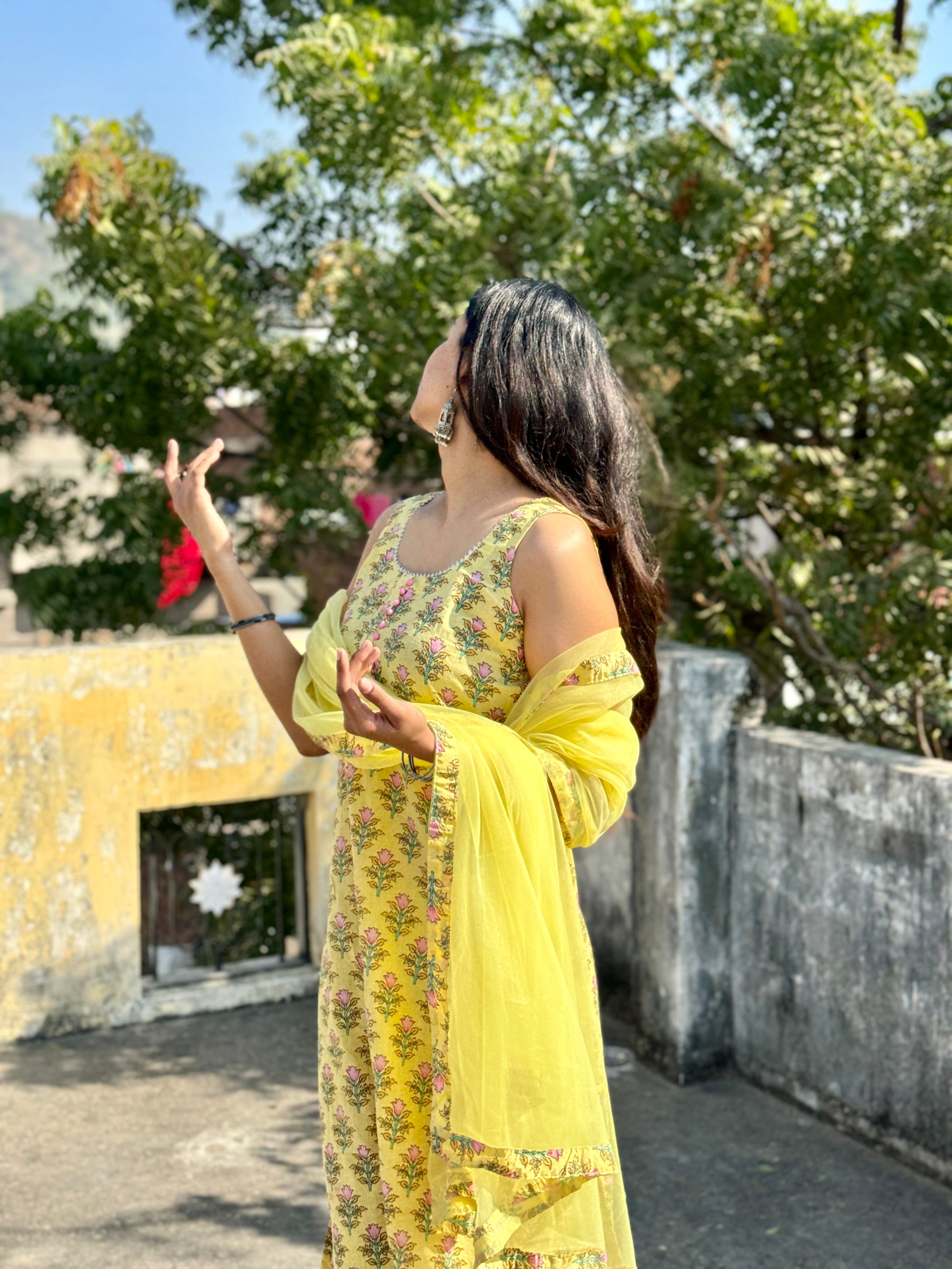 Handcrafted Yellow Cotton Suit Set sleevless with Net Dupatta