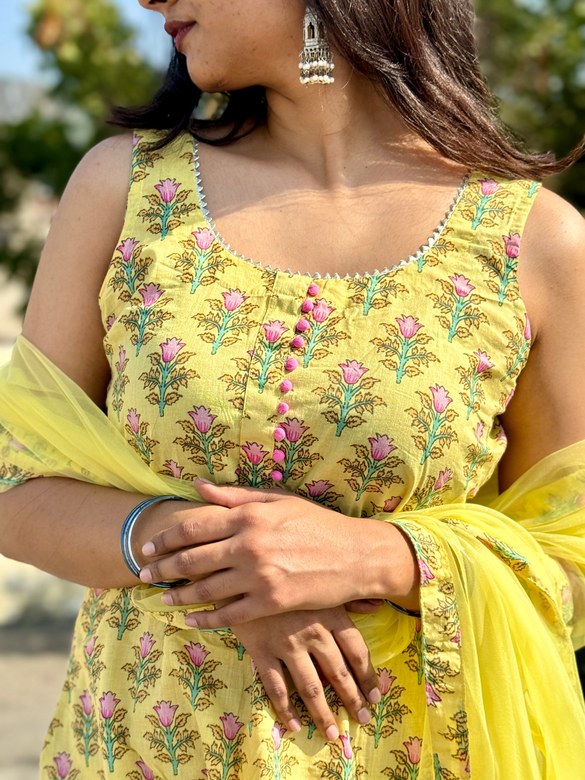 Handcrafted Yellow Cotton Suit Set sleevless with Net Dupatta