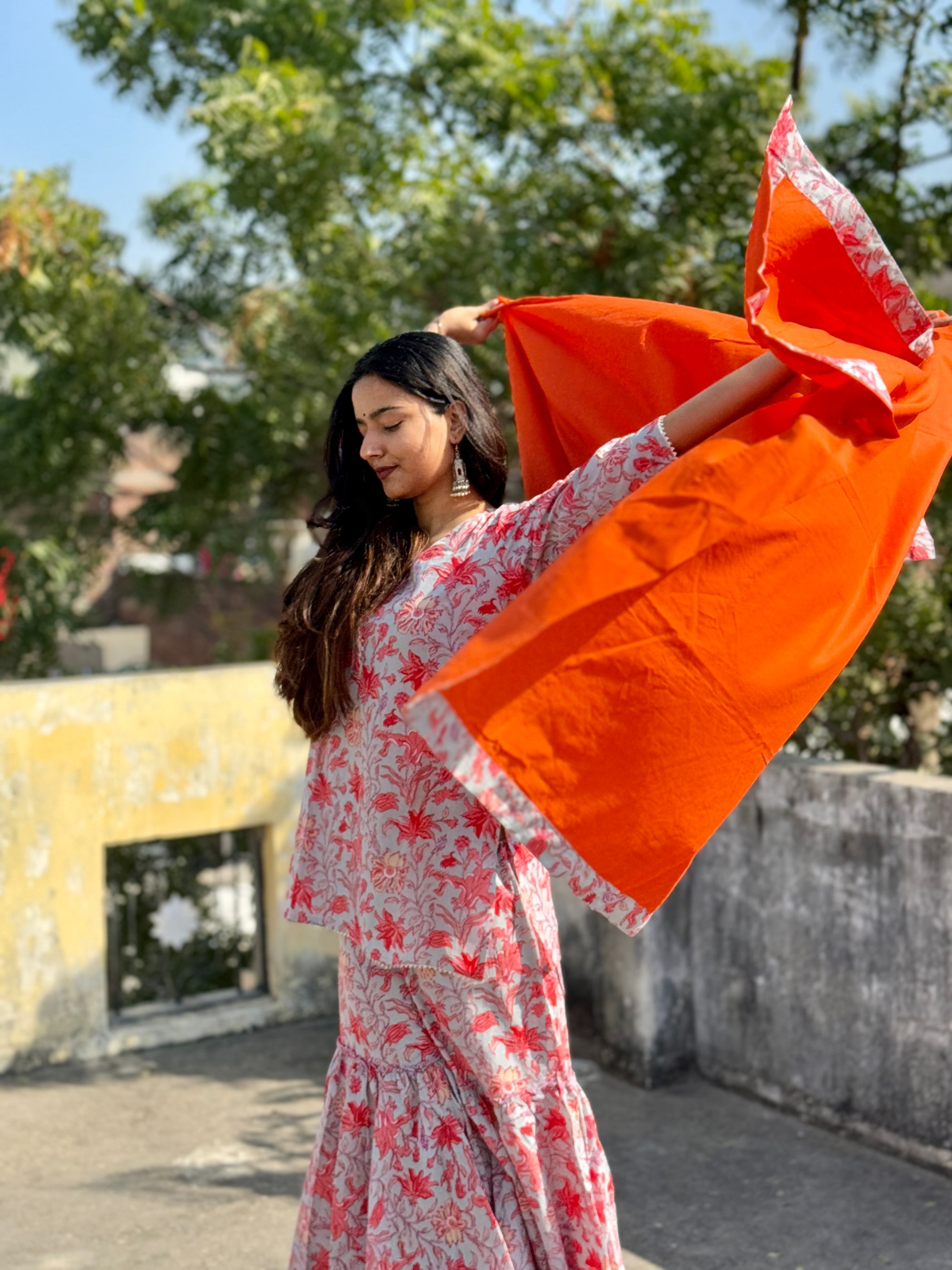 Floral Print Gharara Set with Red Dupatta