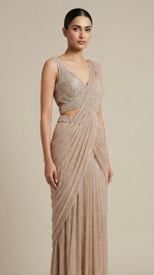 Champagne Beige Beaded Handwork Net & Georgette Designer Darep Saree