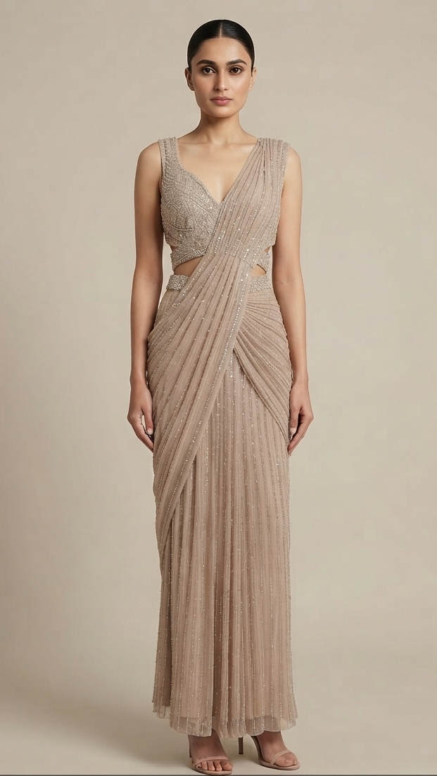 Champagne Beige Beaded Handwork Net & Georgette Designer Darep Saree