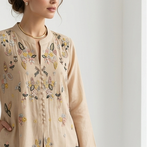 Beige Mul Chanderi Embroidered Kurta Palazzo Set with Dupatta