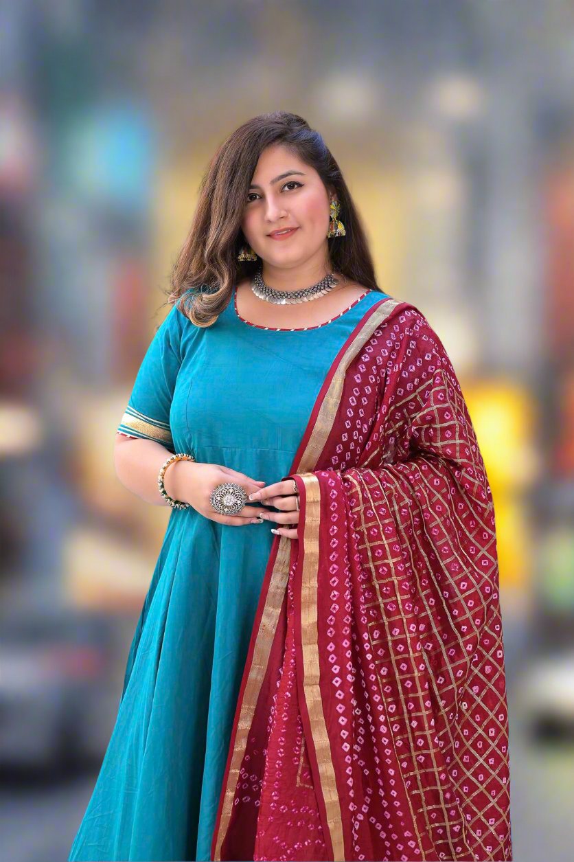 Rama Green Anarkali Suit Set with Gharchola Dupatta