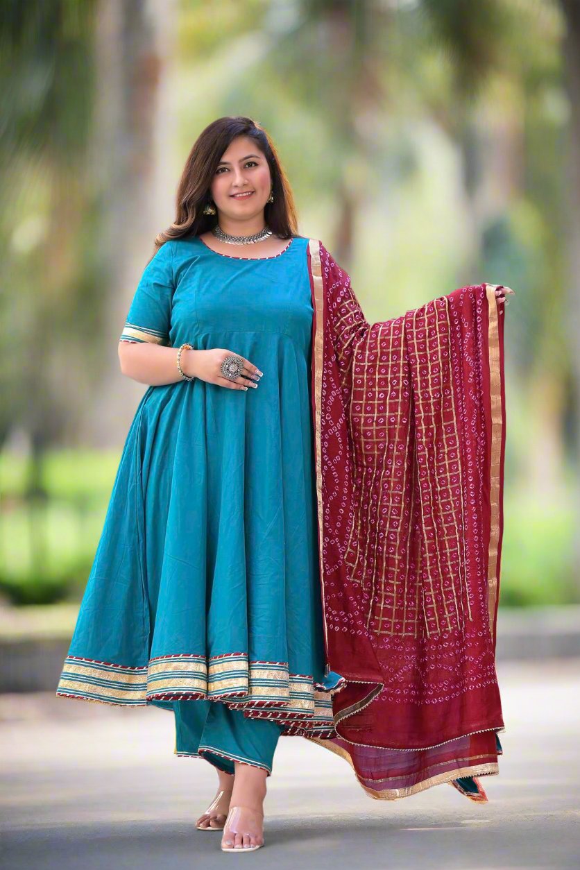 Rama Green Anarkali Suit Set with Gharchola Dupatta