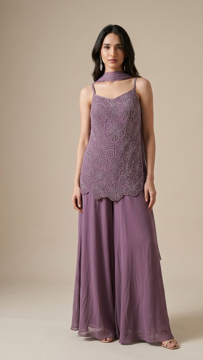 Lavender Real Georgette Indo-Western Palazzo Set