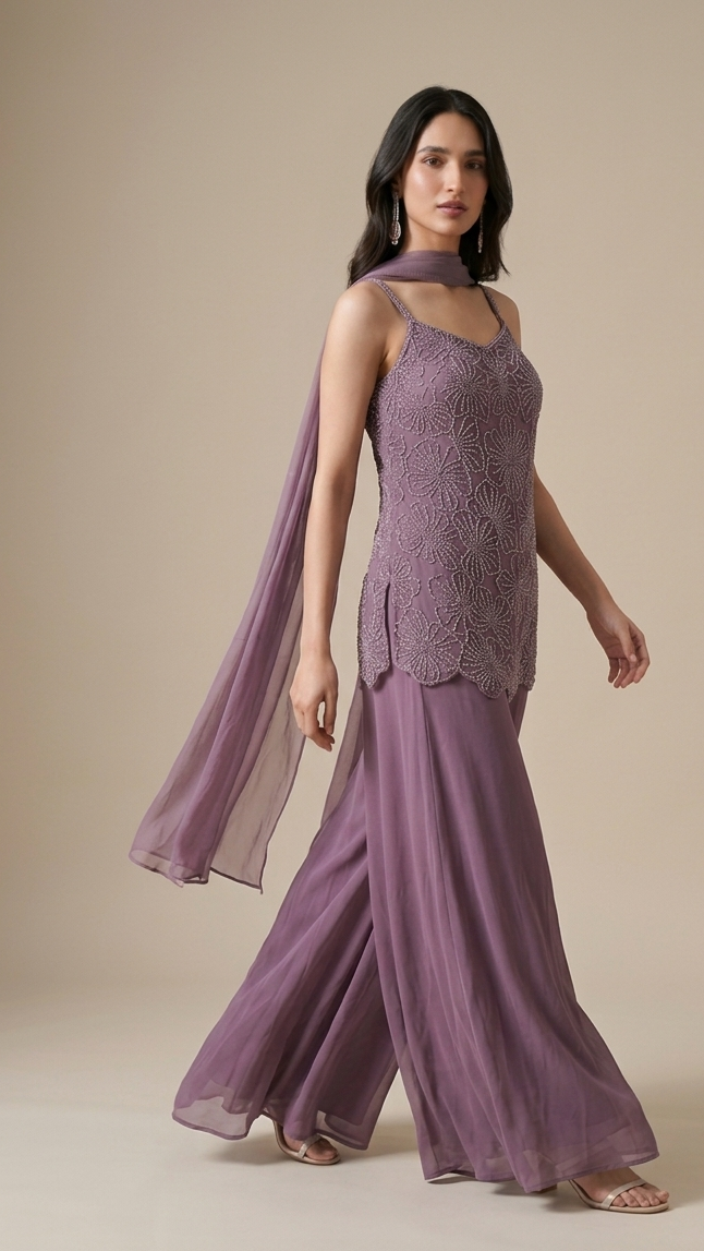 Lavender Real Georgette Indo-Western Palazzo Set