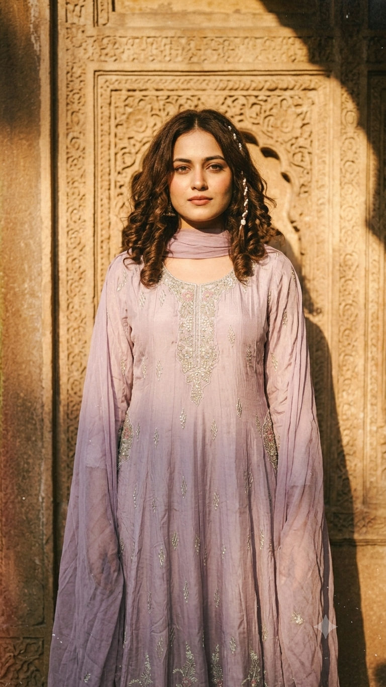 Lavender Chinon Handwork Embroidered Anarkali with Dupatta