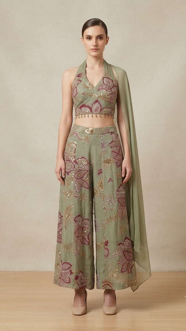 Sage Green and Mustard Embroidered Indo-Western Co-Ord Set with Dupatta