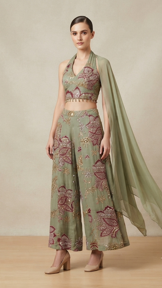 Sage Green and Mustard Embroidered Indo-Western Co-Ord Set with Dupatta