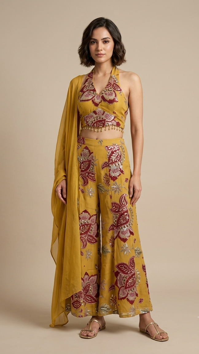 Sage Green and Mustard Embroidered Indo-Western Co-Ord Set with Dupatta