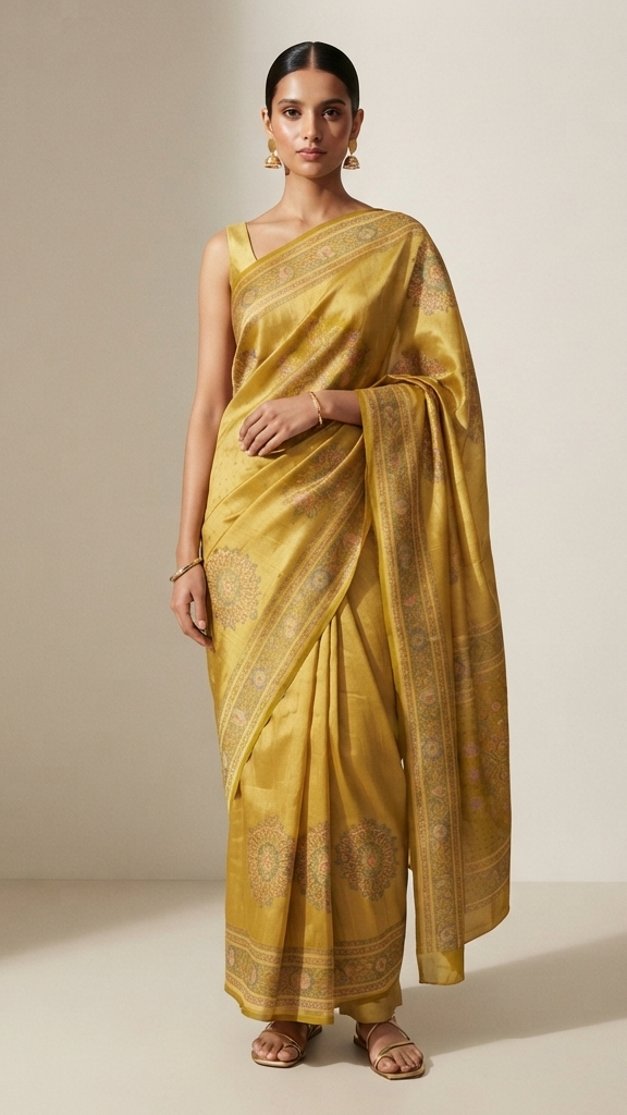 Antique Mustard Gold and Pink Pashmina Silk Saree with Woven Floral Border