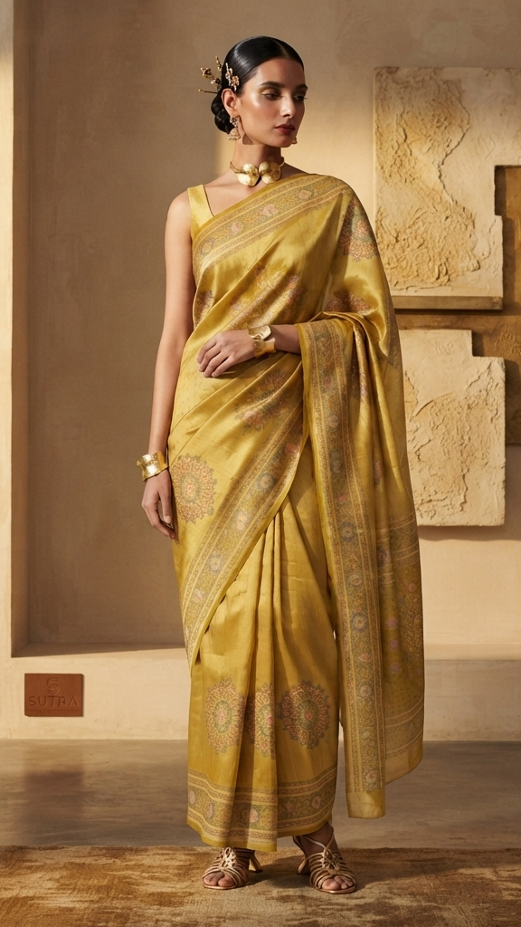 Antique Mustard Gold and Pink Pashmina Silk Saree with Woven Floral Border