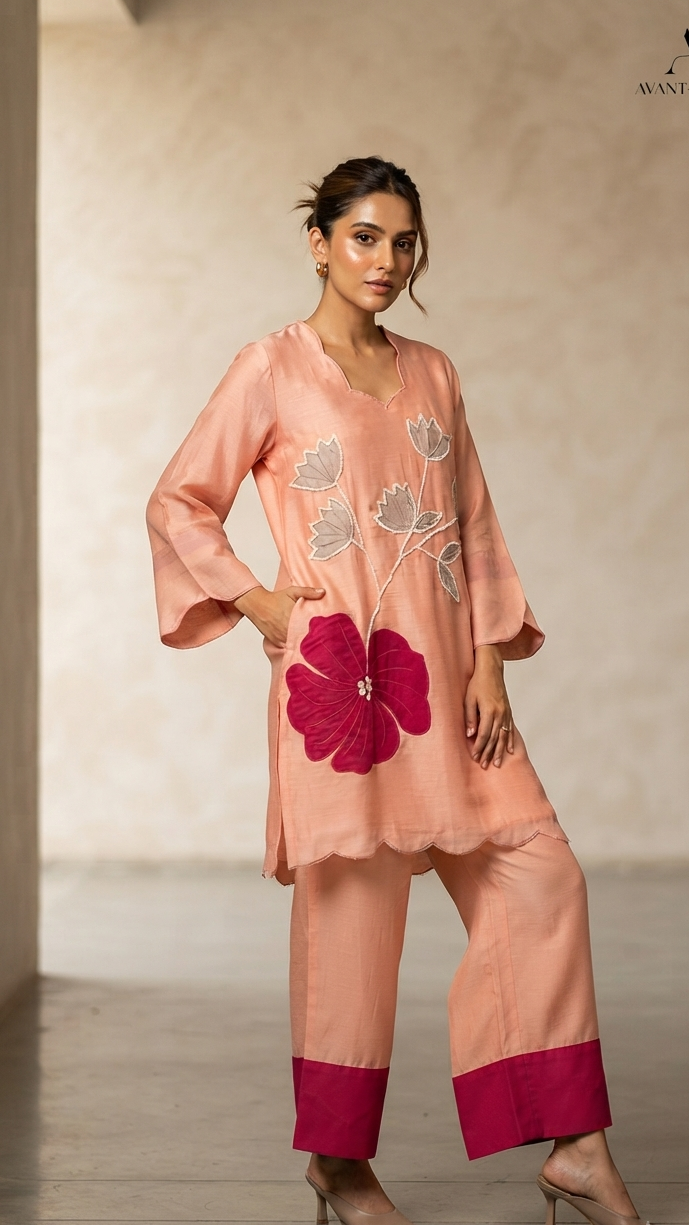 Blush Peach & Purple Mul Chanderi Floral Appliqué Co-Ord Set