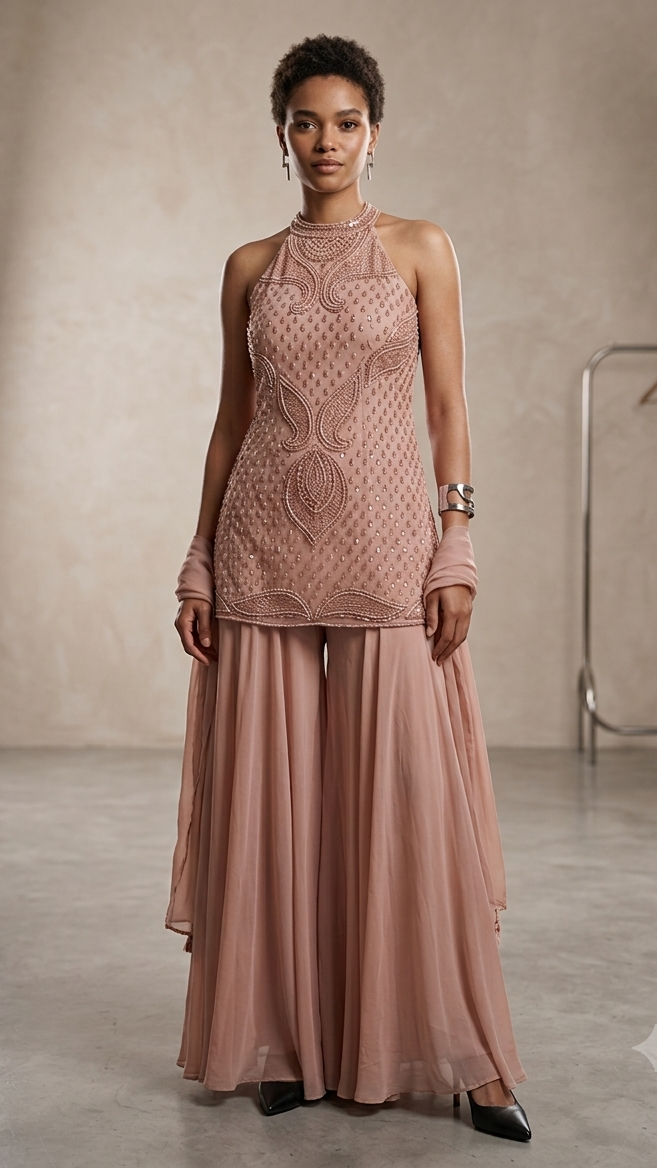 Dusty Peach Georgette Hand Beaded Short Kurti Sharara Set with Choker Dupatta