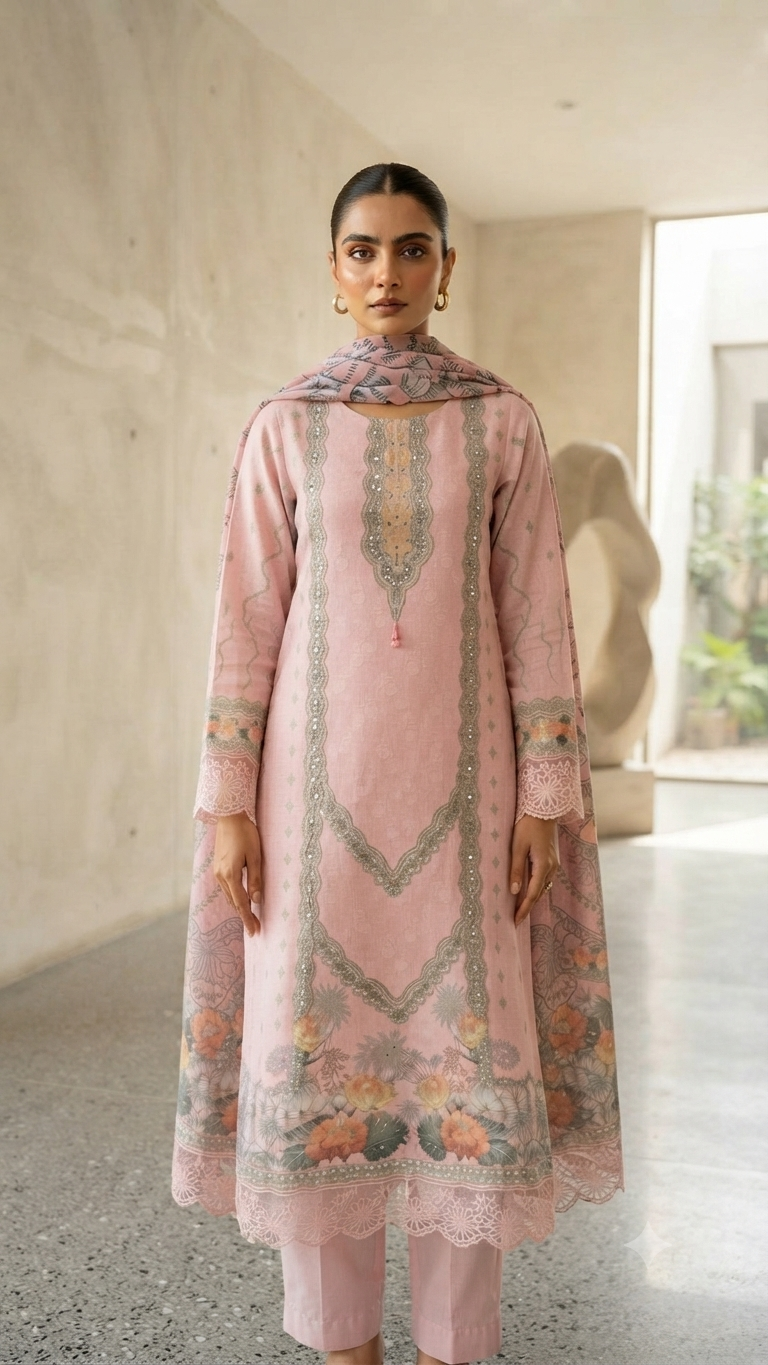 Blush Pink Crepe Floral Printed Suit with Embellished Work & Dupatta