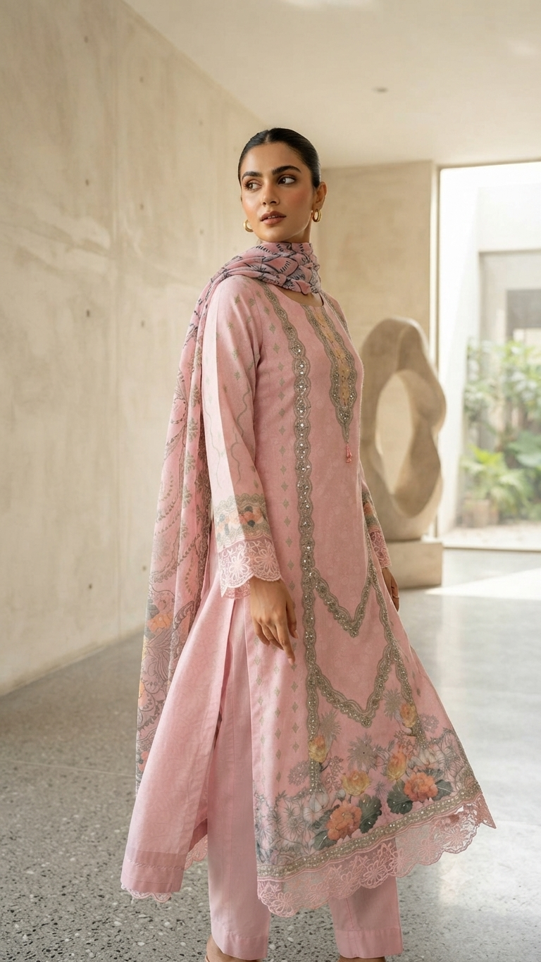 Blush Pink Crepe Floral Printed Suit with Embellished Work & Dupatta