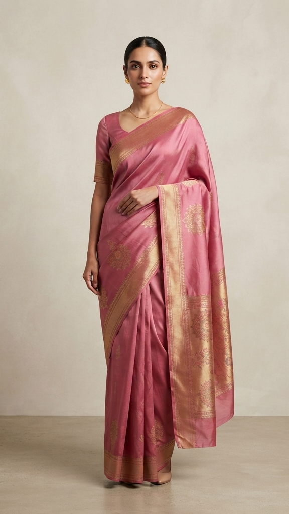 Antique Mustard Gold and Pink Pashmina Silk Saree with Woven Floral Border