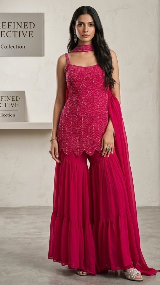 Rani Pink Georgette Hand Beads Embroidered Short Kurti Sharara Set with Choker Dupatta