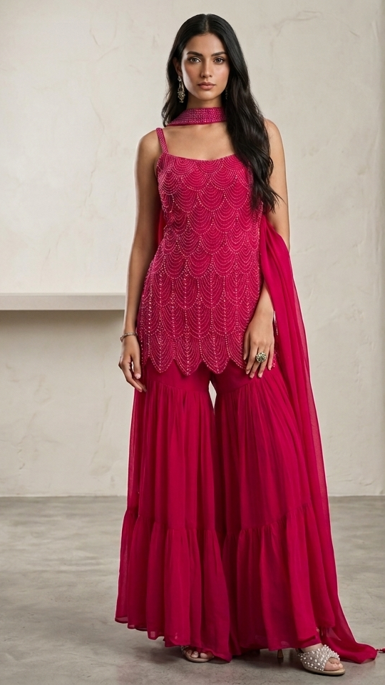 Rani Pink Georgette Hand Beads Embroidered Short Kurti Sharara Set with Choker Dupatta