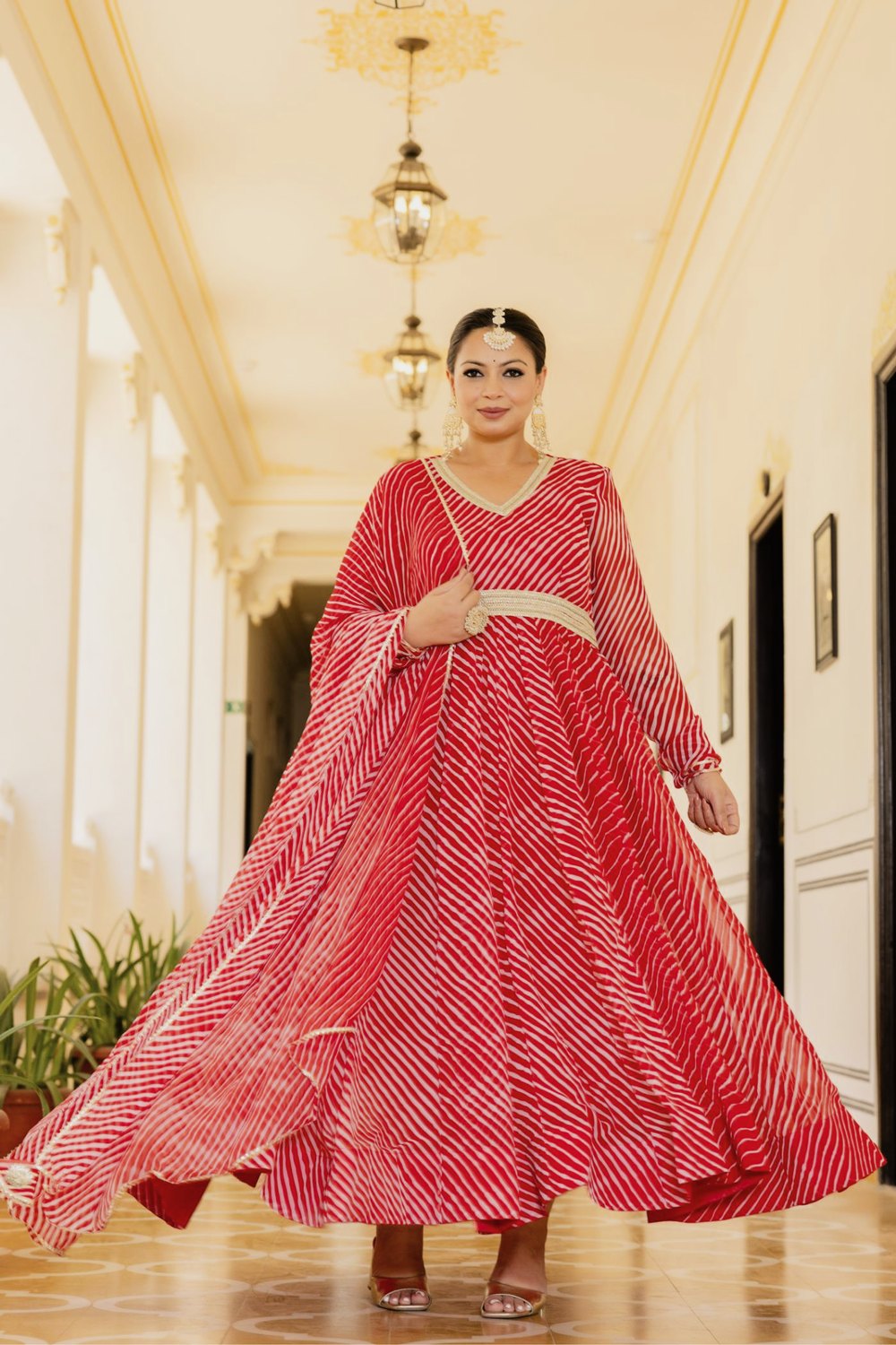 Plus Size Red Lehriya Floor-Length Anarkali Kurta with Flared Design
