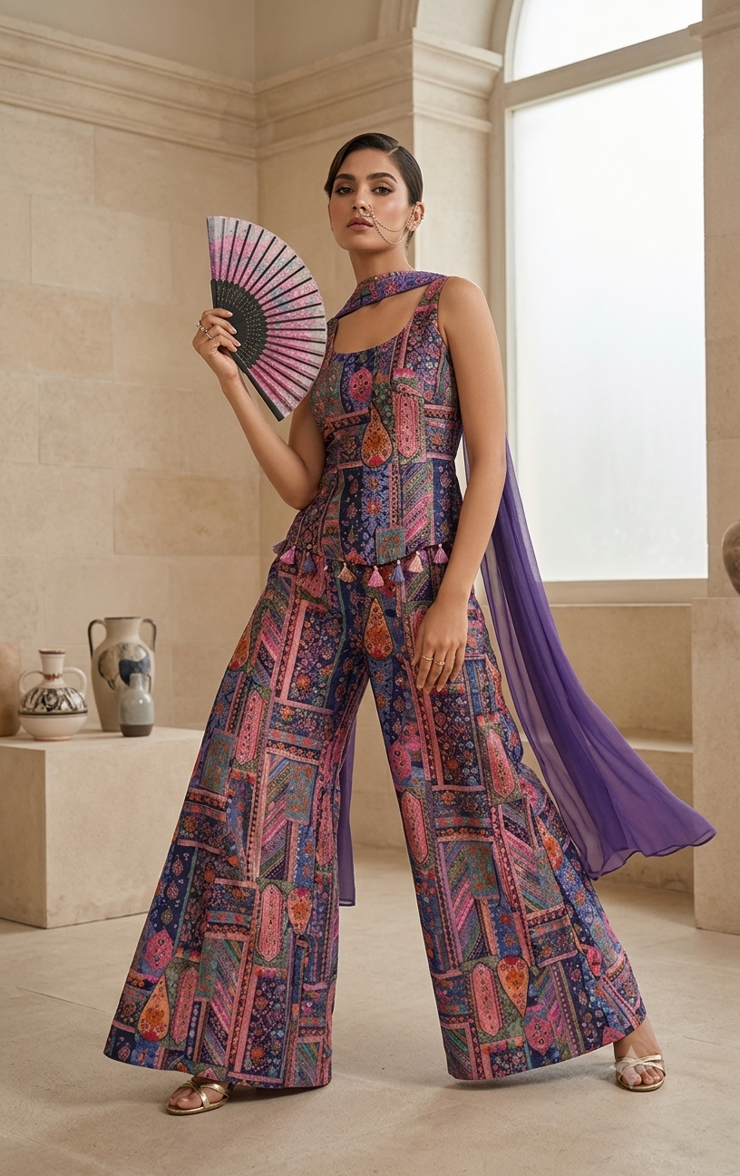 Multicolor Viscose Jacquard Silk Printed Peplum Top & Palazzo Set