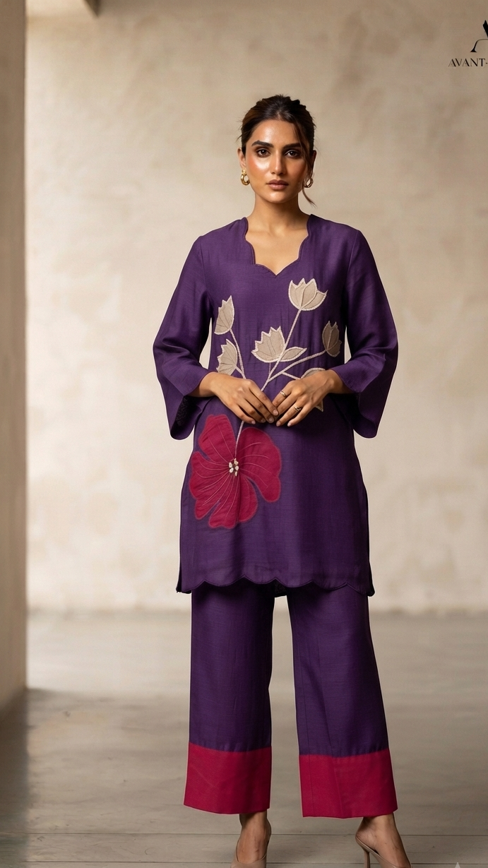 Blush Peach & Purple Mul Chanderi Floral Appliqué Co-Ord Set