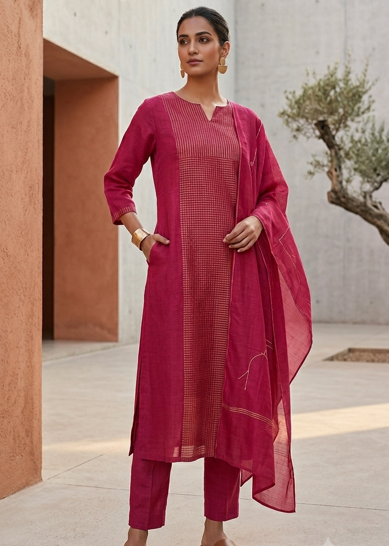 Rani Pink Embroidered Straight Kurta Pant Set with Dupatta